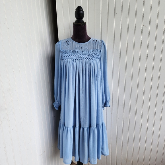 ZARA GIRL'S KIDS DRESS BLUE LONG SLEEVE  RUFFLE TIERED Sz  13-14 - Picture 1 of 13